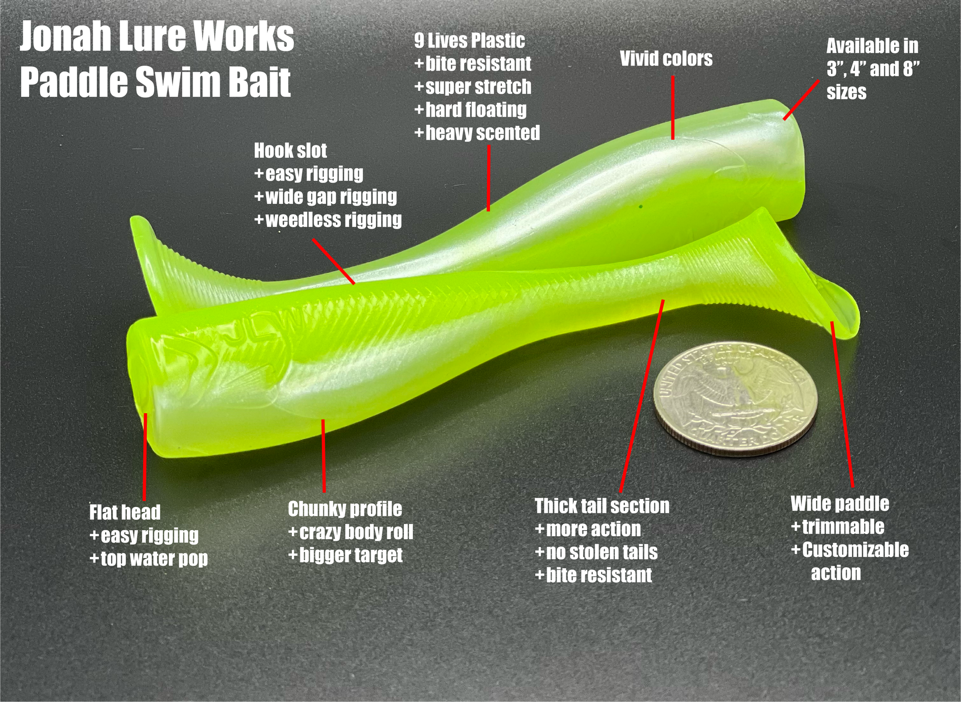 3 inch paddle tail swim bait | Chartreusicle Specs – Jonah Lure Works Nine Lives Soft Plastic Swim Bait
