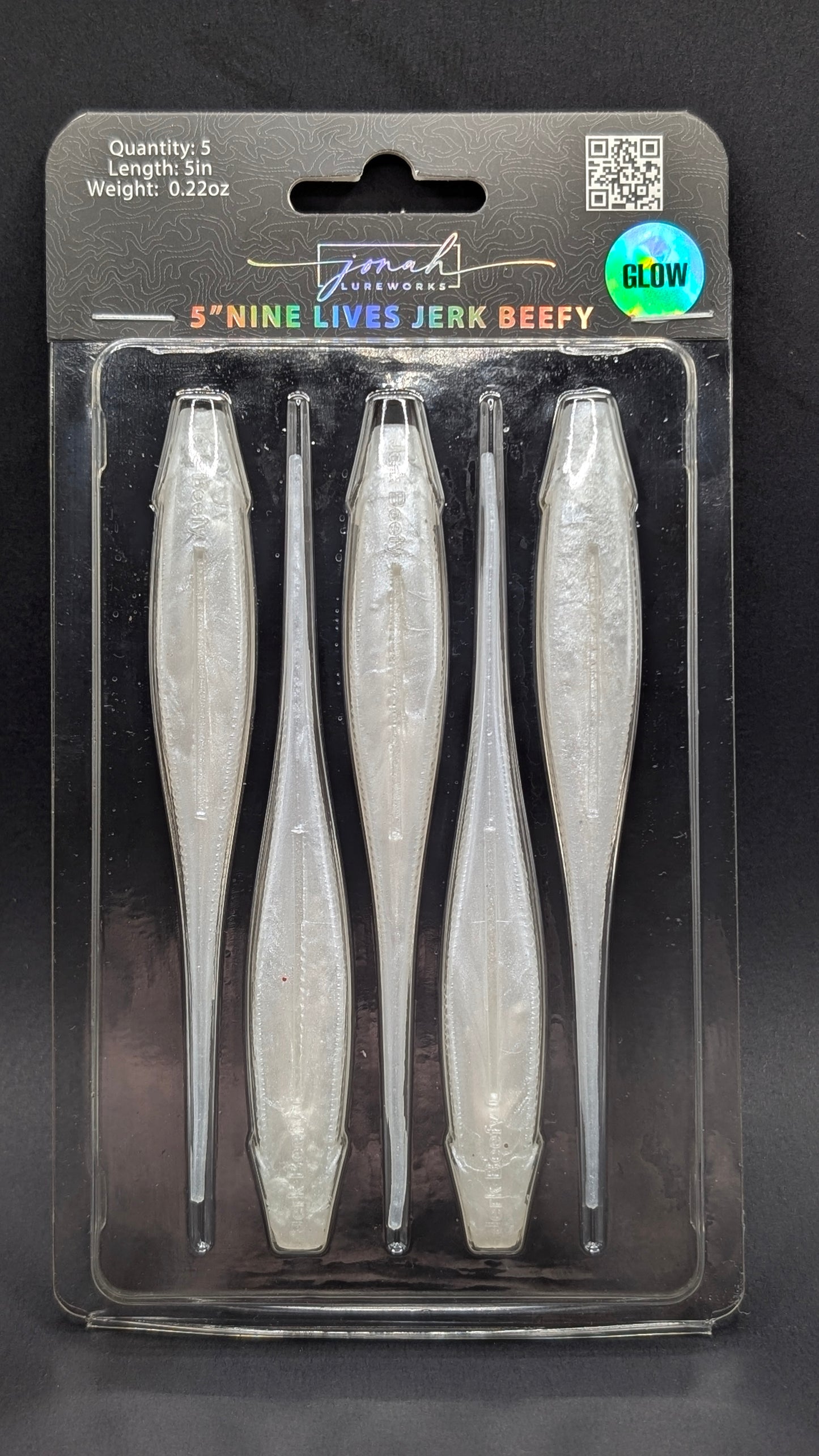 5 inch Jerk Beefy jerk bait | Bone Glo package – Jonah Lure Works Nine Lives Soft Plastic Jerk Bait