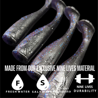 4 inch paddle tail swim bait in Midnight Grape  – Jonah Lure Works Nine Lives Soft Plastic Swim Bait. Fresh and salt water rated.