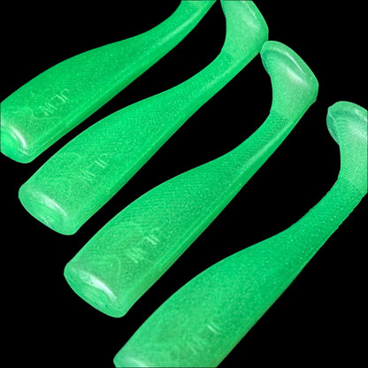 4 inch paddle tail swim bait in Bone Glo  – Jonah Lure Works Nine Lives Soft Plastic Swim Bait. Fresh and salt water rated.