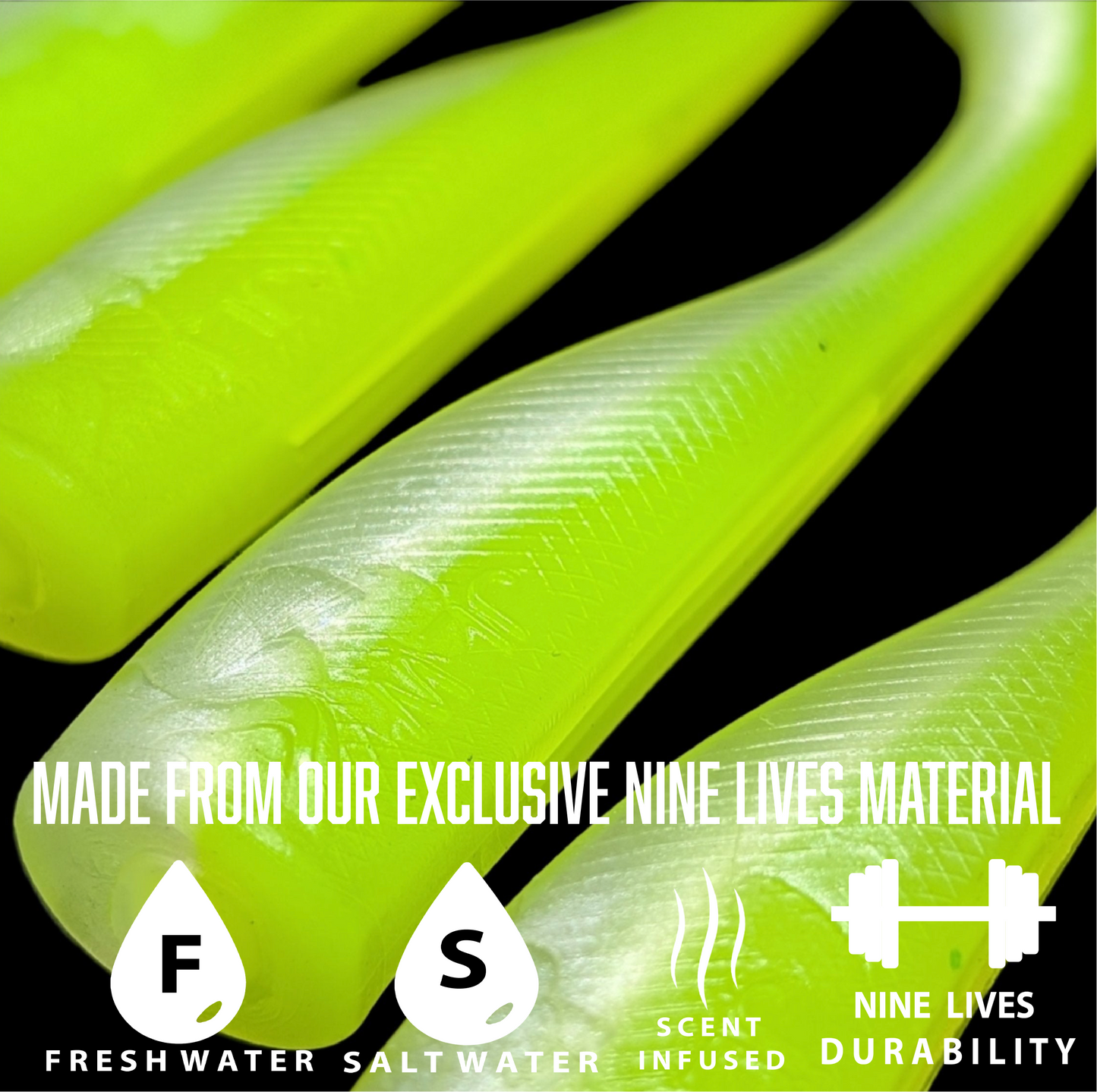 4 inch paddle tail swim bait in Chartreusicle  – Jonah Lure Works Nine Lives Soft Plastic Swim Bait. Fresh and salt water rated.